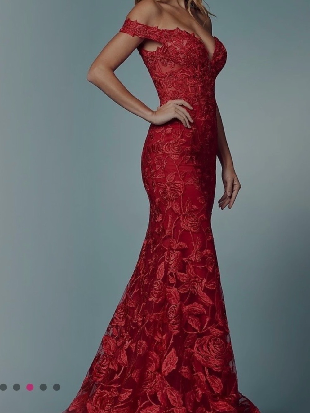 One-Shoulder Red Lace Mermaid Evening Gown